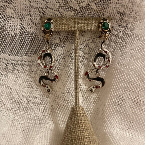 Vintage Snake Drop Earrings with Emerald Crystal Studs - Picture 2 of 2